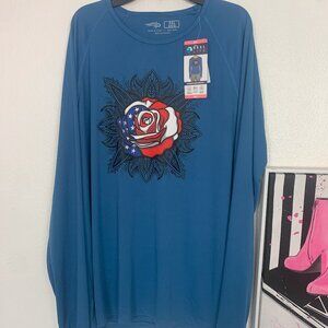NWT REEL LIFE Jax Beach Long Sleeve UV UPF 50+ Thumb Hole XXL USA Flag Blue